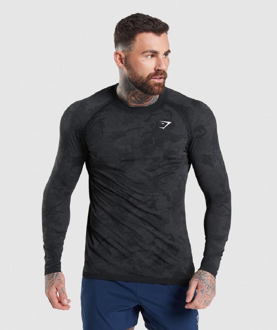 Long Sleeve Gymshark Geo Seamless Hombre Negras Gris | CO 3468VRW